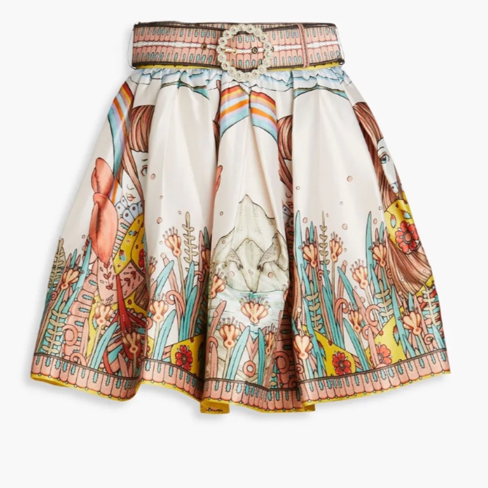 Belted printed silk mini skirt